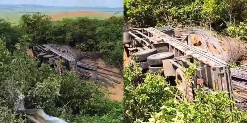 Caminhão perde o controle e cai em ribanceira na Serra de Teixeira