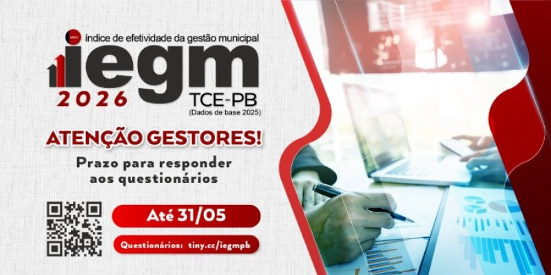 TCE estabelece prazo para envio de questionários do IEGM 2026 pelos municípios paraibanos