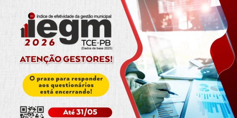 TCE-PB alerta gestores para prazo final do IEGM 2026, que encerra em 31 de maio
