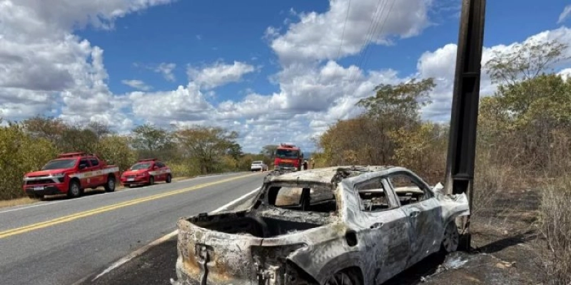Carro pega fogo e fica destruído após bater em poste de alta tensão na BR-361, no Sertão