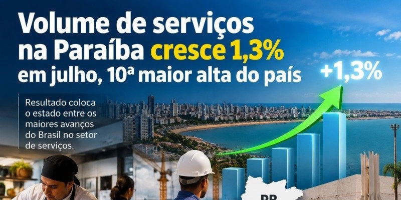 Volume de serviços na Paraíba cresce 1,3% em julho, 10ª maior alta do país