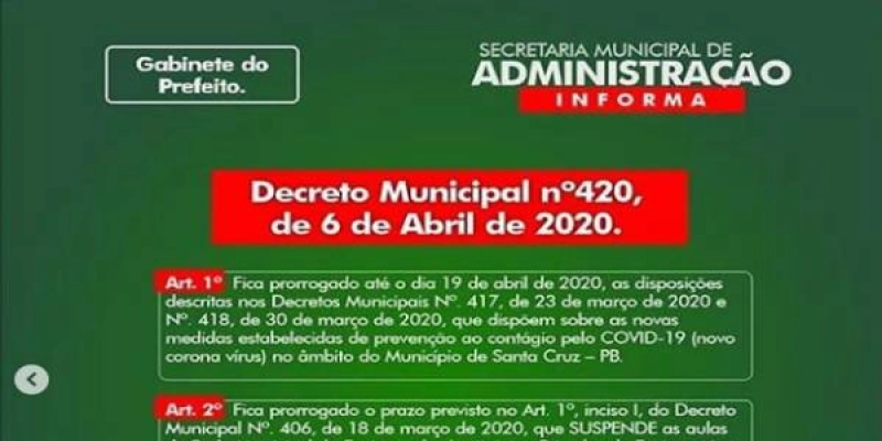 Prefeitura de Santa Cruz pública novo decreto que prorroga as medidas de contenção a disseminação do covid-19