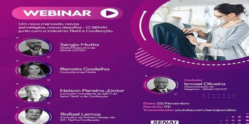 SENAI PB realizará webinar com especialistas para debater os desafios da indústria têxtil e de confecção no pós-pandemia