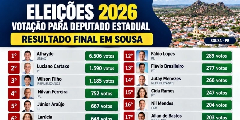 Quem teve força em Sousa? Confira a votação dos candidatos à Assembleia