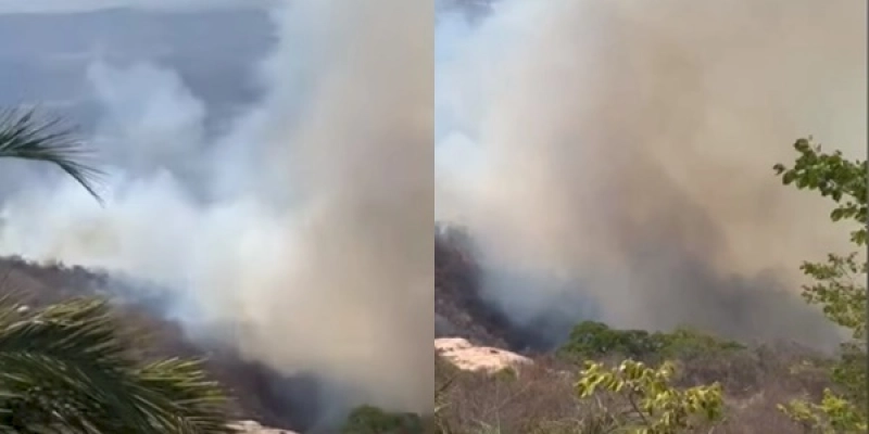 Cinegrafista amador filma chamas consumindo vegetação nativa na Serra do Comissário, em Santa Cruz; Assista  