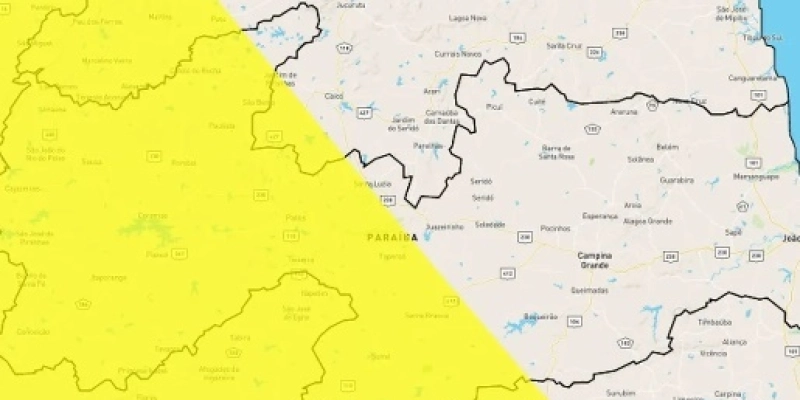 Inmet emite alerta amarelo de perigo potencial de chuvas para 111 cidades da PB