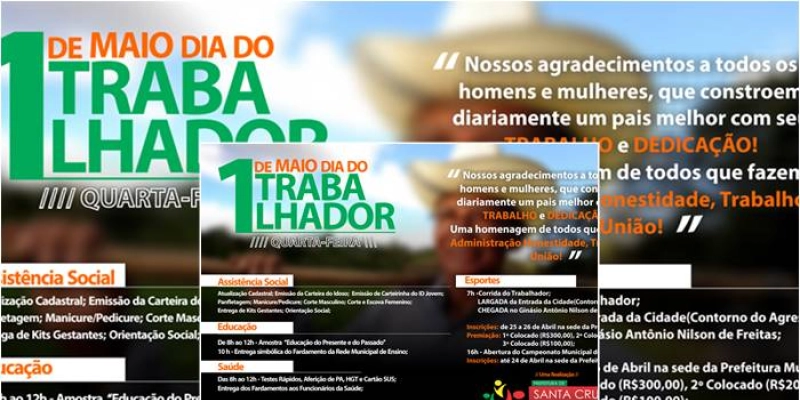 Prefeitura Municipal de Santa Cruz divulga programação do Dia do Trabalhador; Confira