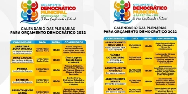 Confira o calendário das Plenárias do Orçamento Democrático Municipal de Aparecida 