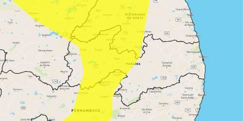 Inmet emite dois alertas com perigo de chuvas intensas para 95 cidades da PB; Sousa está nas duas listas 