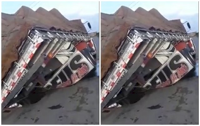 Caminhão carregado com manilhas afunda em asfalto no Núcleo I em Sousa
