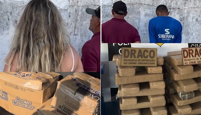 Imagem das pessoas presas e da droga apreendida em ação da DRACO e PRF no Sertão da PB 