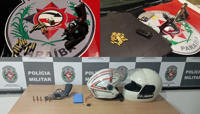 Armas de fogo apreendidas pela Polícia Militar, durante a Operação Verão em João Pessoa 