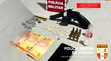 Prisão de suspeito e apreensão de drogas, arma e materiais ilícitos
