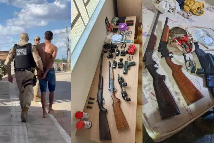 Suspeito sendo preso pela polícia e a direita diversos armamentos