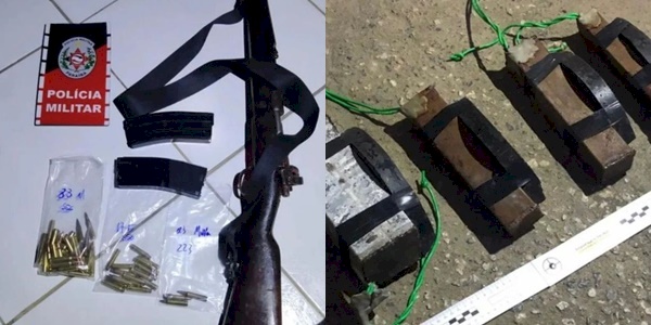 Fuzil e explosivos apreendidos pela pol´ciia 