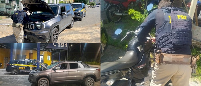 Carros e moto recuperados pela PRF, na Paraíba