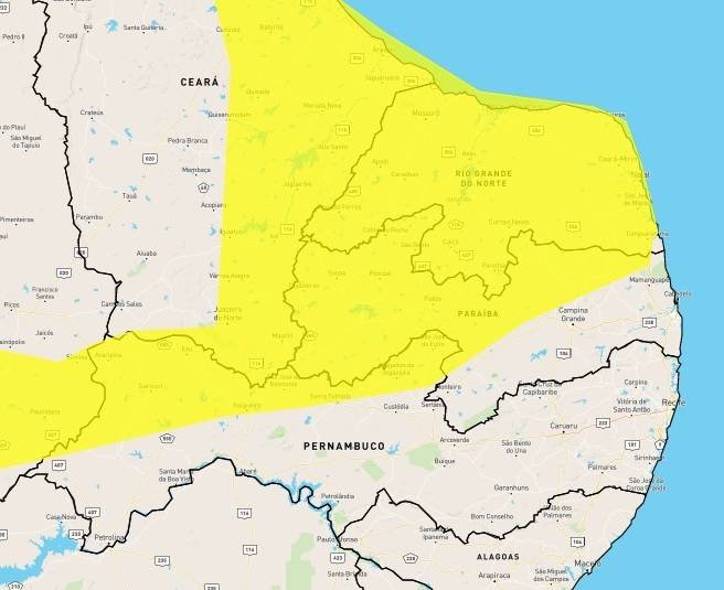 Inmet emite dois alertas de perigo potencial devido a chuvas para 162 cidades da PB