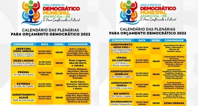 Calendário das Plenárias do Orçamento Democrático Municipal de Aparecida 