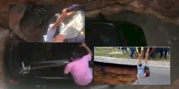 Asfalto cede, forma cratera gigante e “engole” carro em João Pessoa; vítimas foram socorridas por populares 