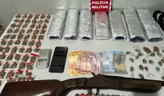 Arma e drogas apreendidas pela polícia militar em Mamanguape 