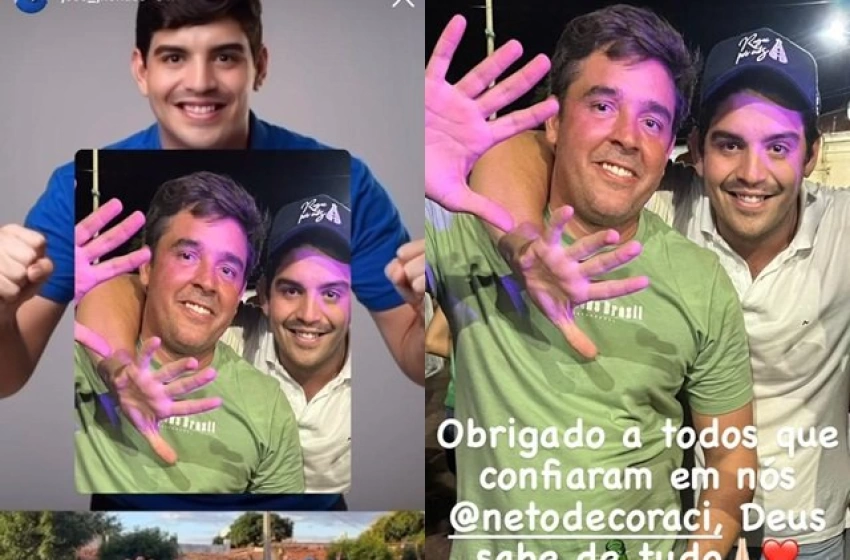 Imagem Suplente de Vereador, Jhonas Formiga ao lado do Prefeito eleito, Neto de Coracy comemorando a vitória 