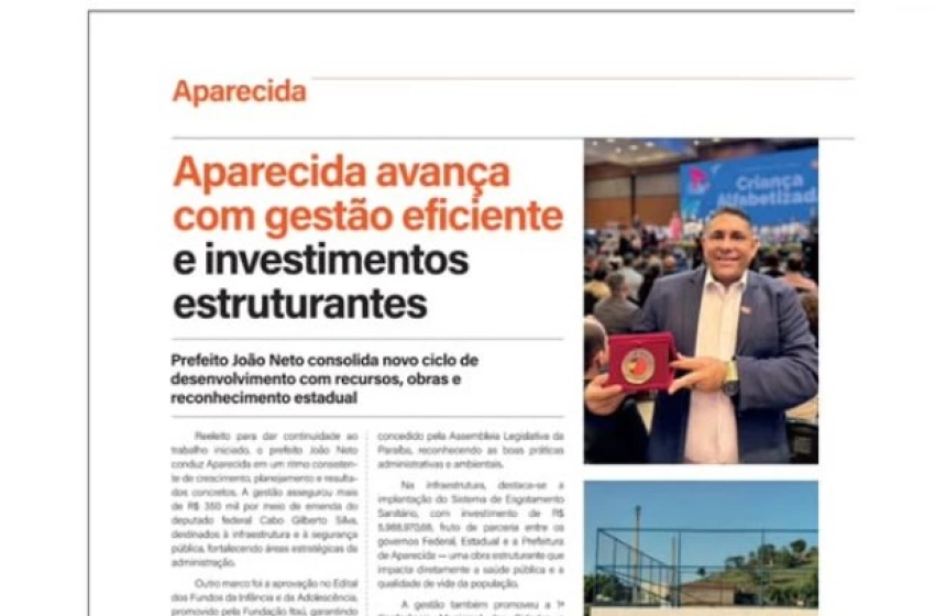 Imagem Aparecida é destaque estadual na Revista Políticas & Negócios por gestão eficiente e avanços estruturantes