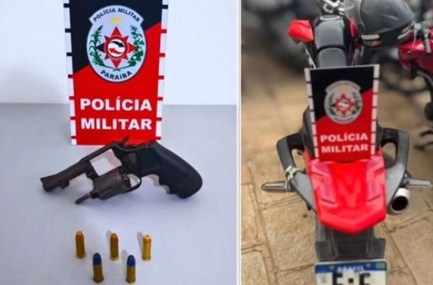 Imagem Arma de fogo e motocicleta apreendida pela ROTAM, em Patos 