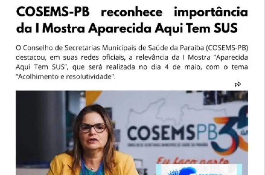 Imagem COSEMS-PB destaca iniciativa de Aparecida voltada ao fortalecimento do SUS