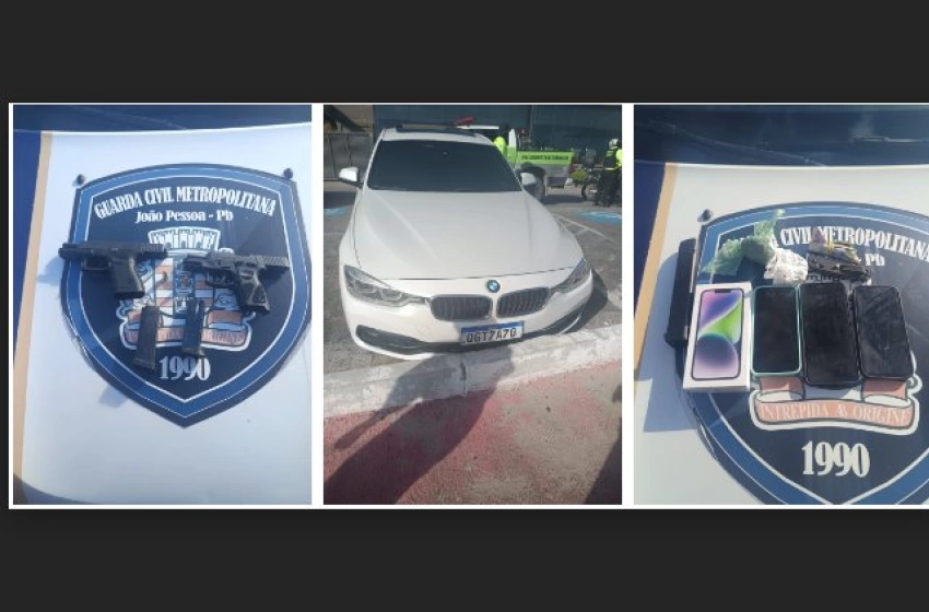 Imagem Arma, carro e drogas apreendidos