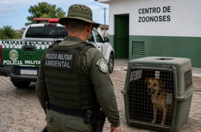 Imagem Cão resgatado em ocorrência de maus-tratos é encaminhado para atendimento especializado após ação da Polícia Ambiental.
