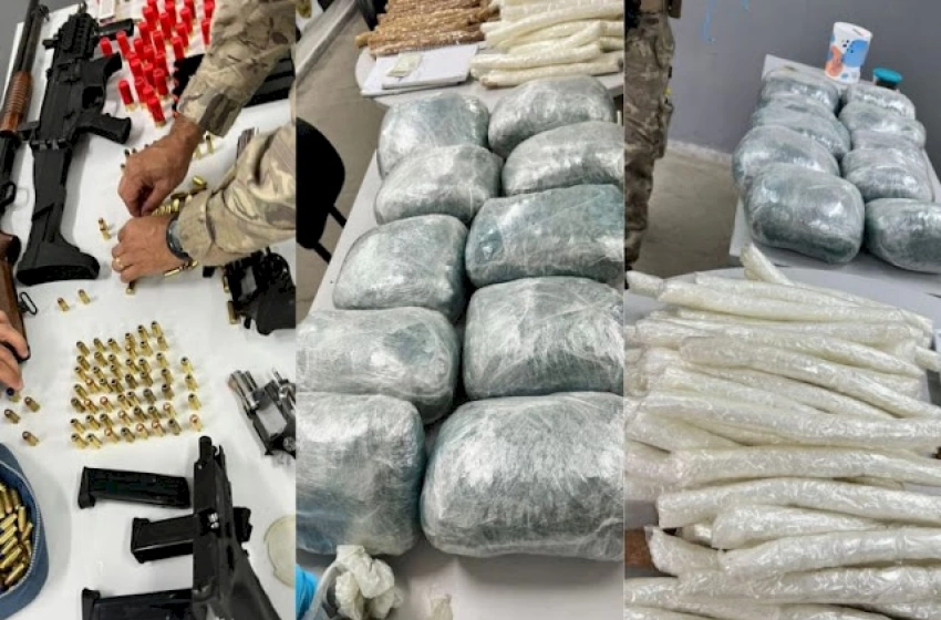 Imagem Grande quantidade de explosivos, armas, munições, e droga